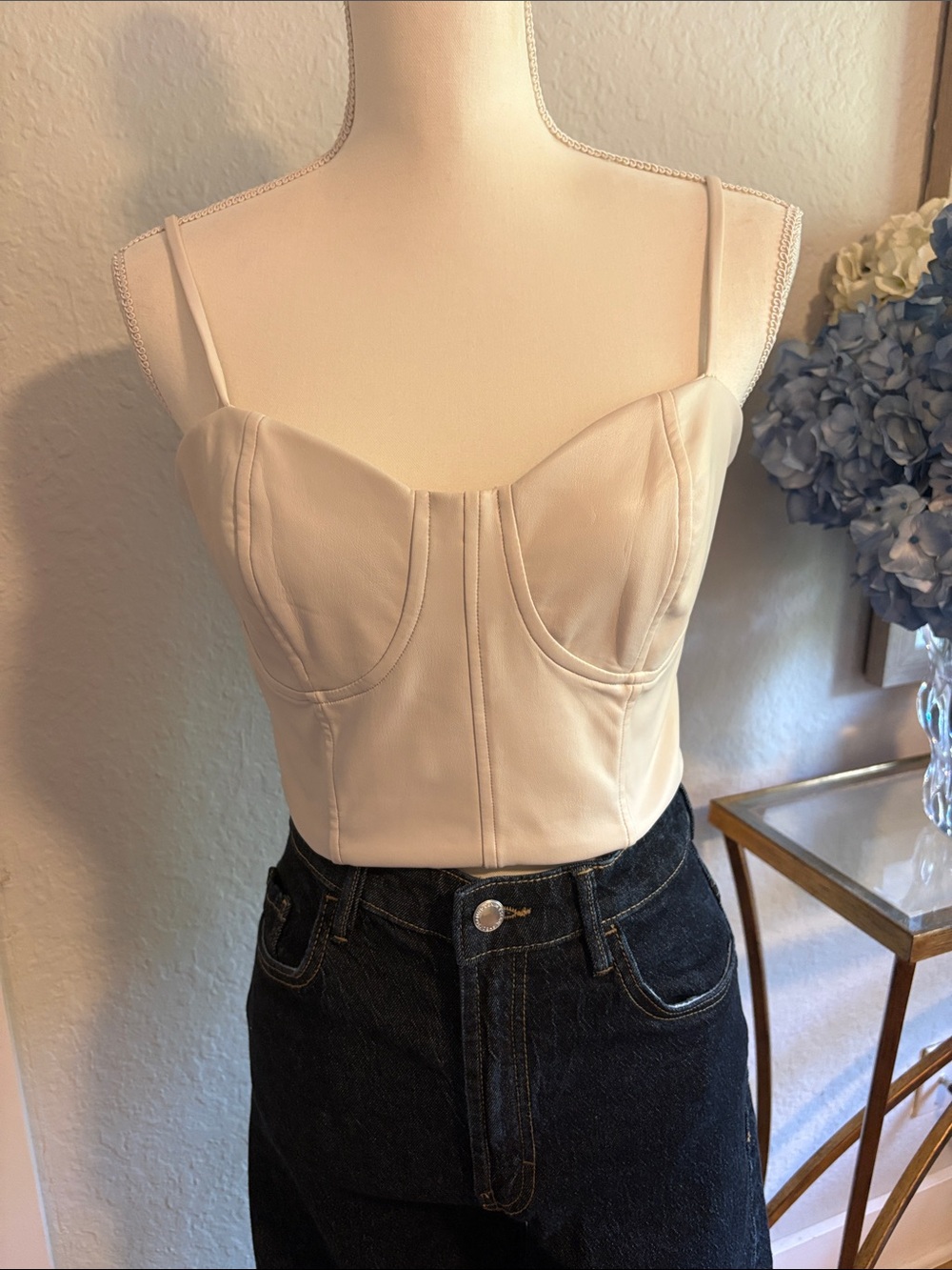 Express Cream Bustier Crop Top - faux leather Medium